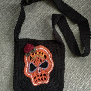 Halloween Handcrafted Black Crochet Skull Bag